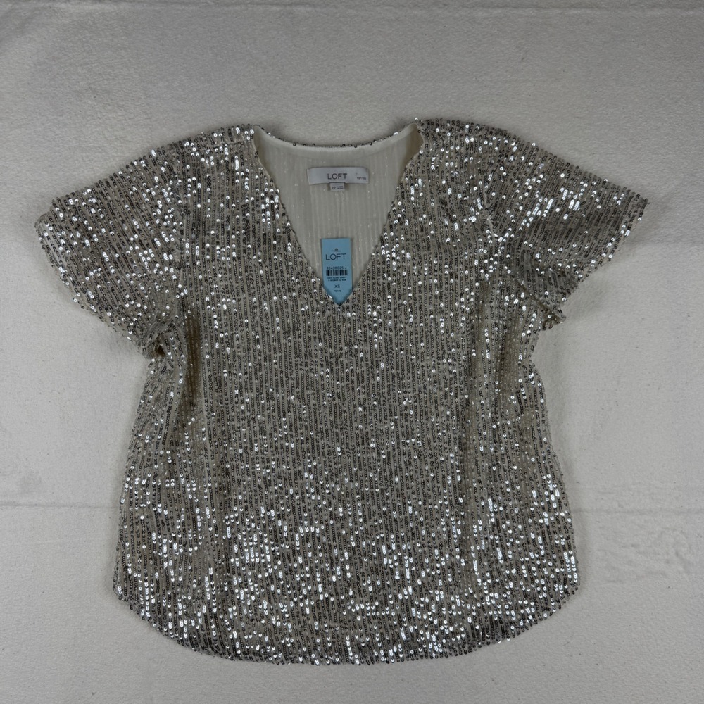 LOFT Petites Silver Sequin V-Neck Blouse Short Sleeve Top XSP NWT 32428025